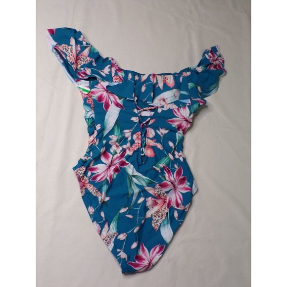 LA BLANCA Off Shoulder Flyaway Orchid Floral Print One Piece Swimsuit 10 NEW - Picture 6 of 7